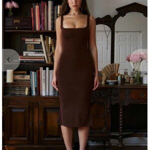 Brown Square-Neck Bodycon Midi Dress